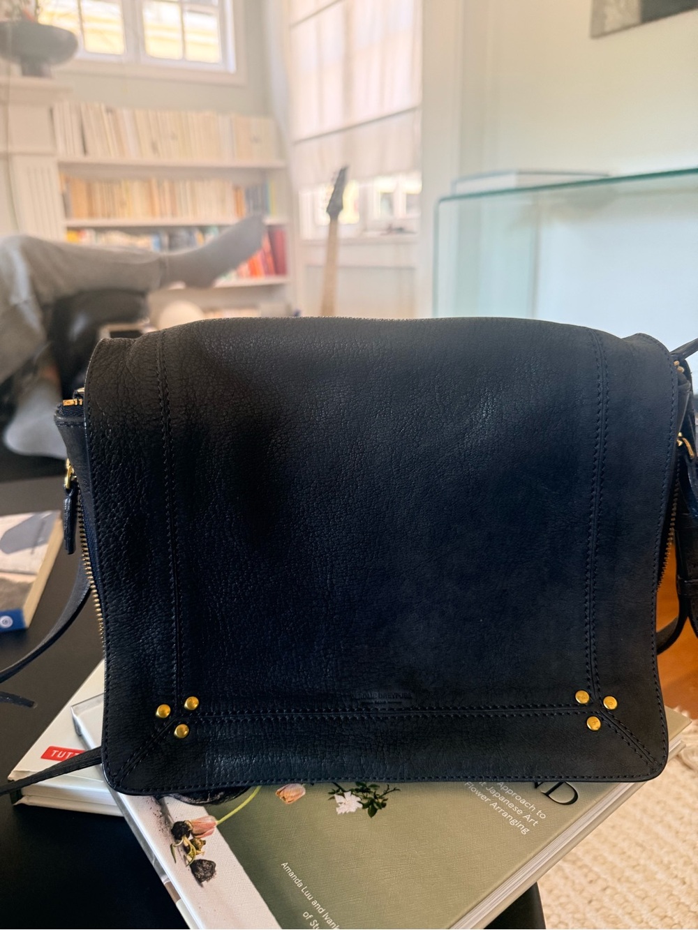 Jerome Dreyfuss IGOR midnight blue Leather Crossbody Bag with Gold Studs